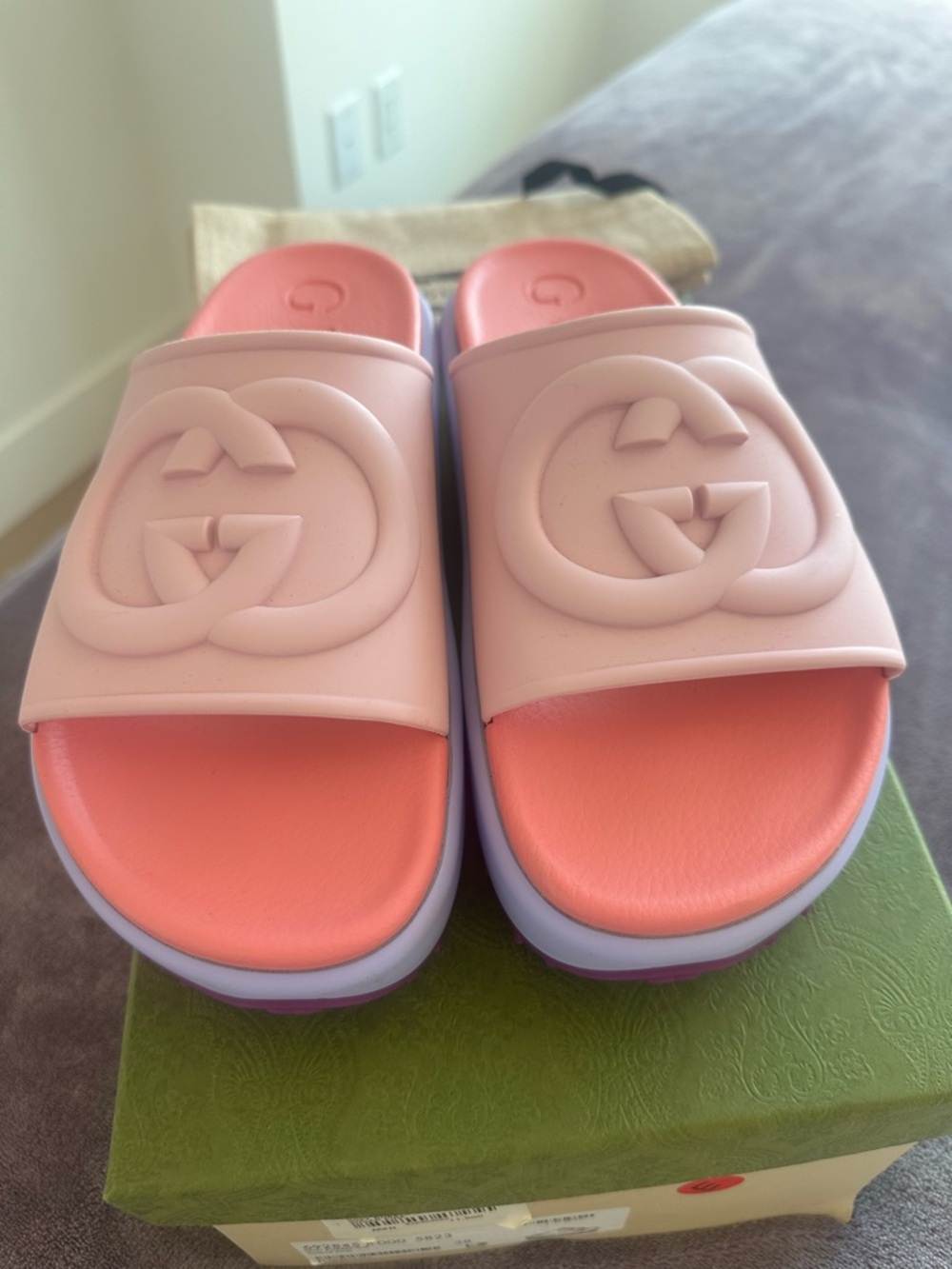 Gucci Two-Tone Pink Coral Logo Slide Sandals